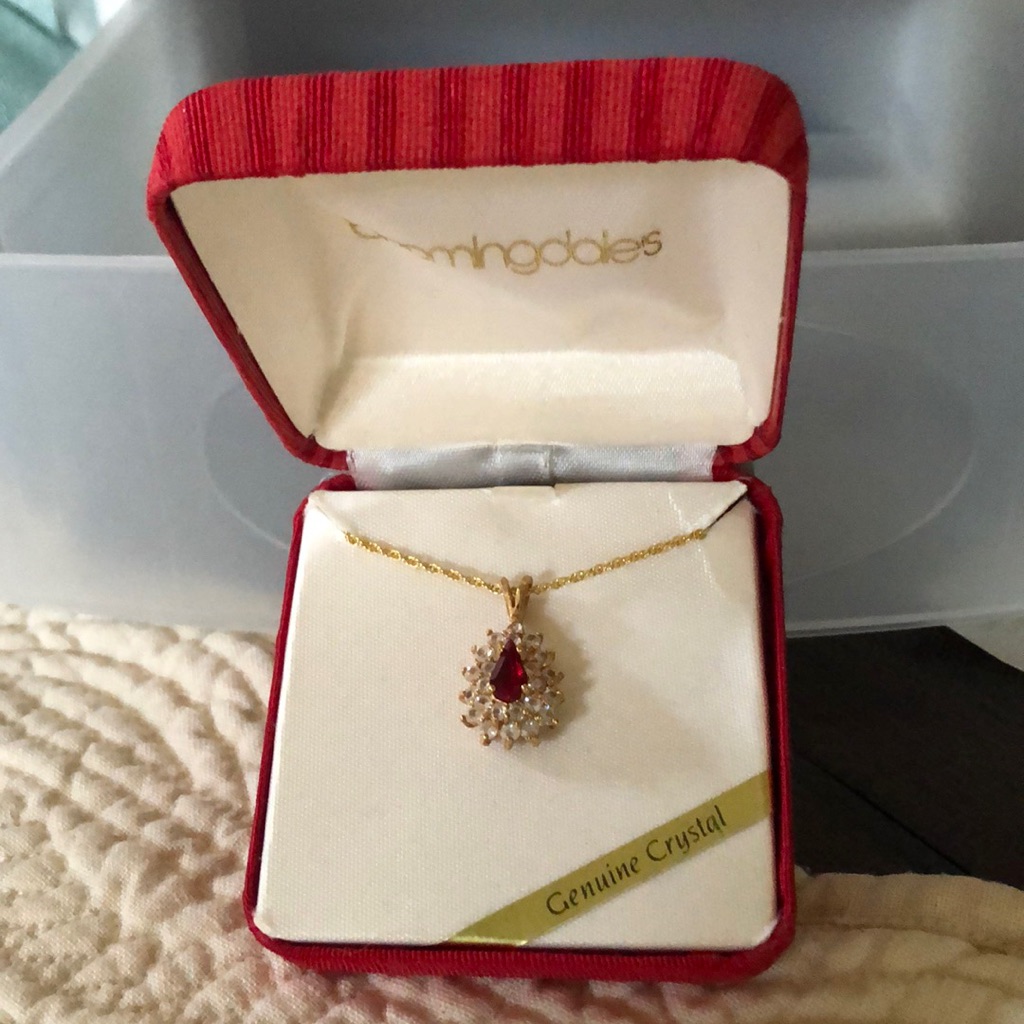 Bloomingdale’s Vintage Red Faceted Teardrop & 2 Rows Of Raised Crystal +Chain
